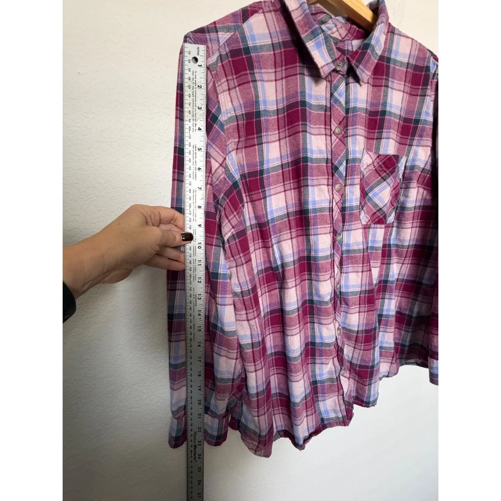 Lucky Brand Women 2XL Plaid Sheer Overlay Button Down Shirt Cotton Pink Burgundy